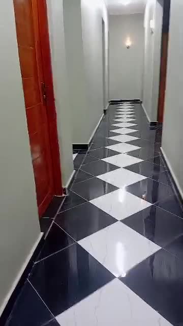 Freshly cleaned commercial corridor floor